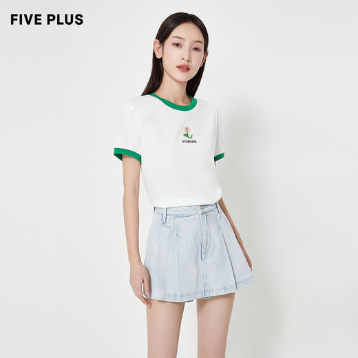 FIVE PLUS2022新款女夏装洗水牛仔短裤女高腰A字裙裤子阔腿裤复古2WA2060640 商品图3