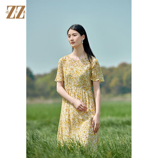 佐尔美2022夏季新款 桑蚕丝真丝碎花甜美气质连衣裙女E22LS21 商品图4