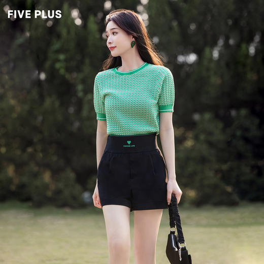 FIVE PLUS2022新款女夏装肌理感圆领针织衫女宽松短袖条纹套头衫2WN2033040 商品图0