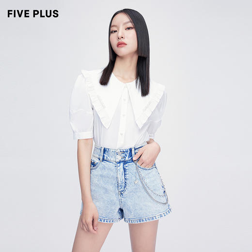 FIVE PLUS2022新款女夏装少女感大翻领衬衫女复古泡泡袖小众上衣2WN2012300 商品图3