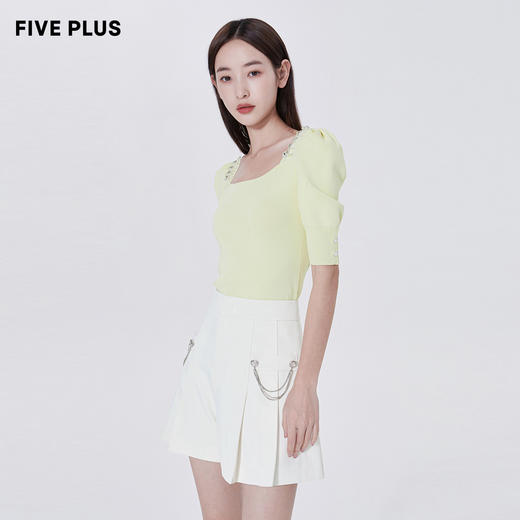 FIVE PLUS2022新款女夏装复古雅致针织衫女钉珠方领套头衫泡泡袖2WN2033010 商品图2