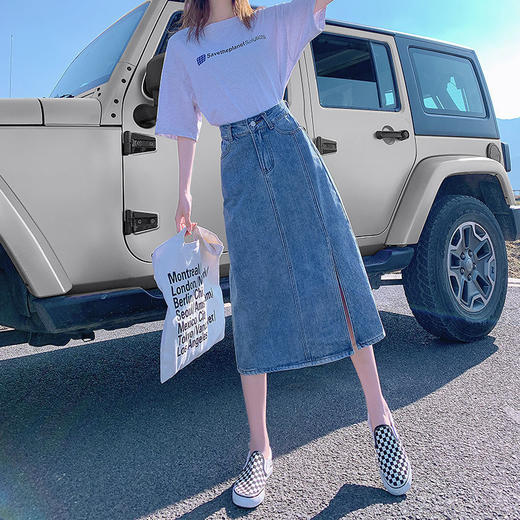 开叉半身裙女夏季薄款高腰春秋新款小个子a字中长牛仔裙长裙七夕情人节 商品图0
