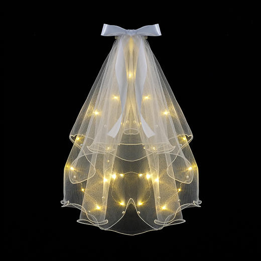 「三种灯光随意切换」双层蝴蝶结带灯网纱拍照女发夹唯美发光头纱时尚饰品 商品图1