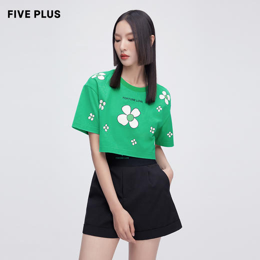 FIVE PLUS2022新款女夏装甜美花朵印花圆领T恤女宽松短袖套头衫短2WN2023100 商品图3