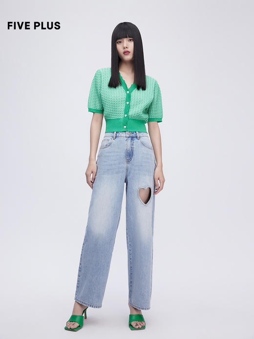 FIVE PLUS2022新款女夏装高腰直筒牛仔裤女心形挖空宽松阔腿裤长2WN2063140 商品图3