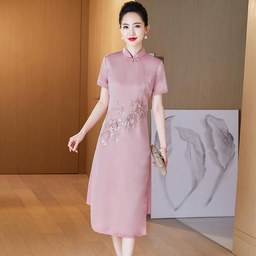 LC-2039旗袍改良款柔纱绣花修身开叉假两件短袖连衣裙女 商品图0