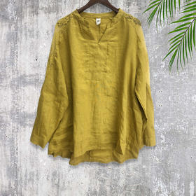 歧氏姐妹【断码清仓】夏季蕾丝镂空末肩亚麻宽松上衣8982WX009