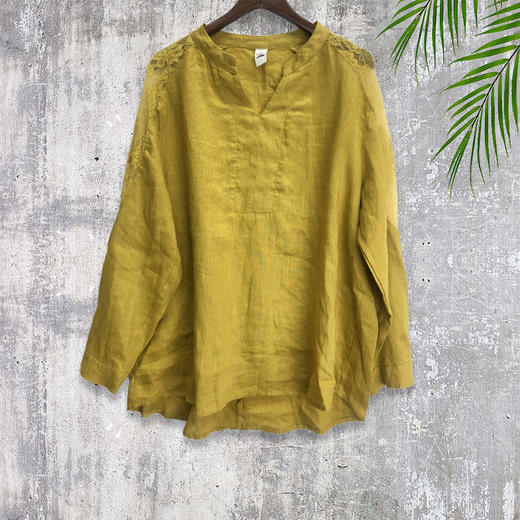 歧氏姐妹【断码清仓】夏季蕾丝镂空末肩亚麻宽松上衣8982WX009 商品图0