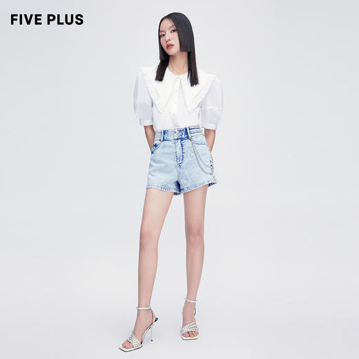 FIVE PLUS2022新款女夏装少女感大翻领衬衫女复古泡泡袖小众上衣2WN2012300 商品图5