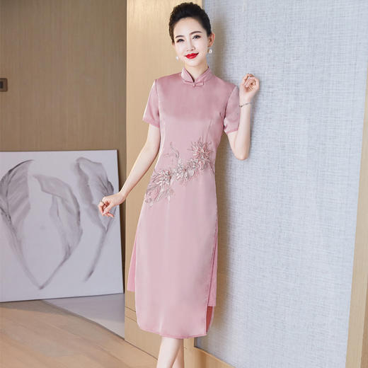 LC-2039旗袍改良款柔纱绣花修身开叉假两件短袖连衣裙女 商品图3