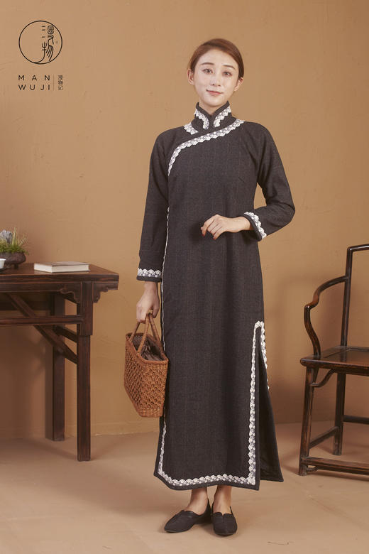 羊毛连肩长袖灰色格子旗袍 商品图5