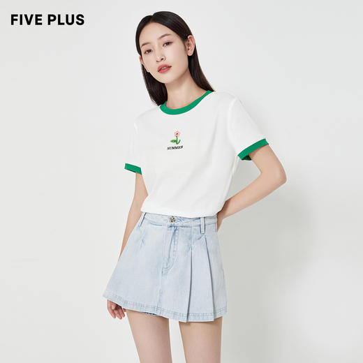 FIVE PLUS2022新款女夏装小众短袖T恤女宽松撞色设计感上衣潮棉质2WA2020460 商品图1