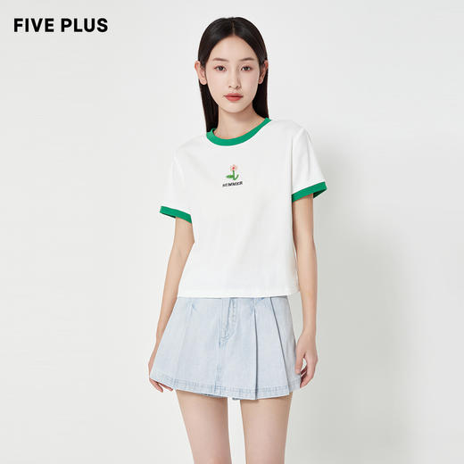 FIVE PLUS2022新款女夏装小众短袖T恤女宽松撞色设计感上衣潮棉质2WA2020460 商品图2
