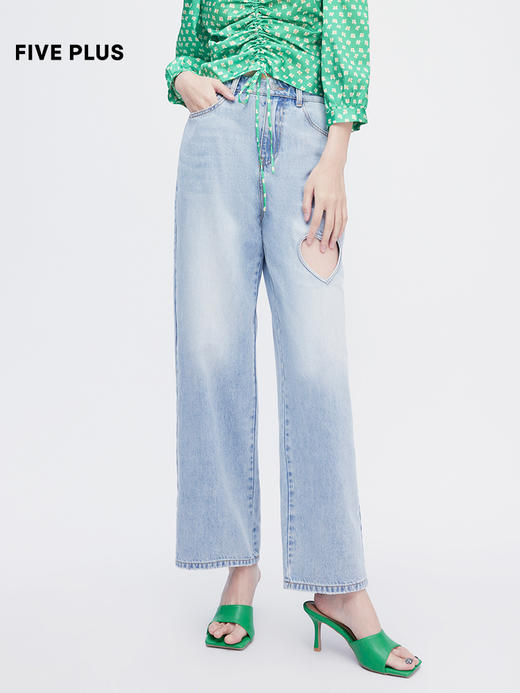 FIVE PLUS2022新款女夏装高腰直筒牛仔裤女心形挖空宽松阔腿裤长2WN2063140 商品图2