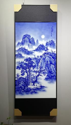 工笔青花山水瓷板画【秋林观瀑图】