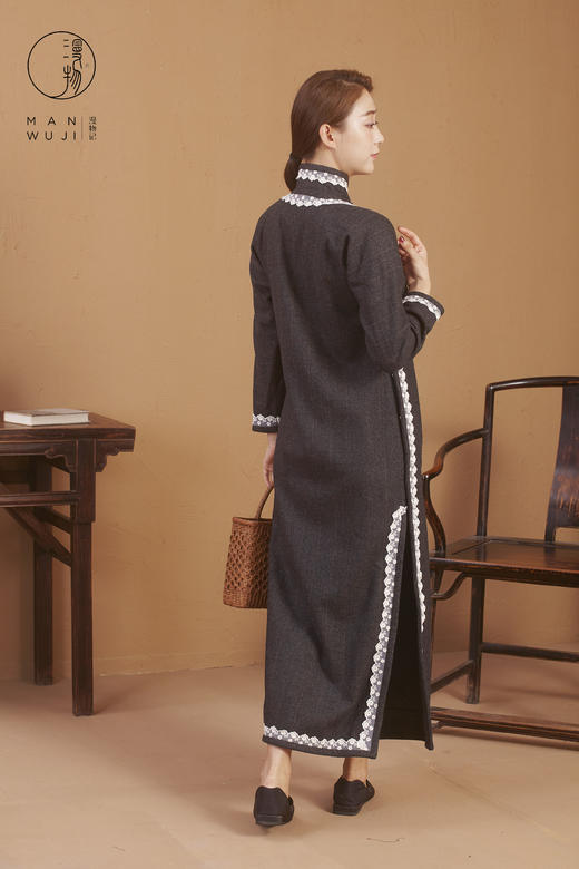 羊毛连肩长袖灰色格子旗袍 商品图6