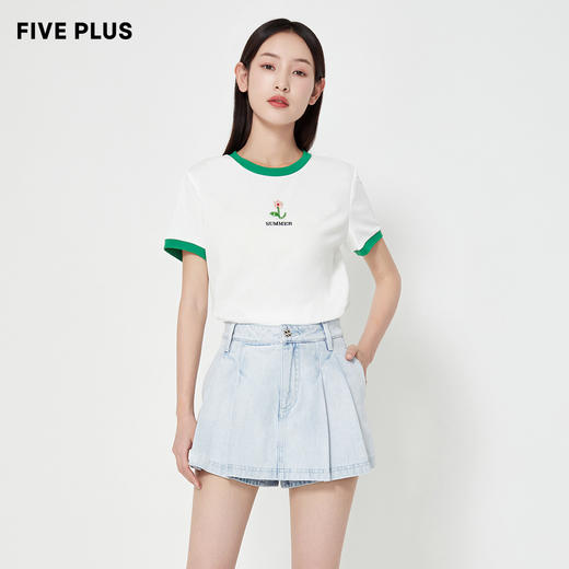 FIVE PLUS2022新款女夏装洗水牛仔短裤女高腰A字裙裤子阔腿裤复古2WA2060640 商品图2