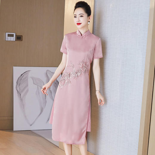 LC-2039旗袍改良款柔纱绣花修身开叉假两件短袖连衣裙女 商品图4