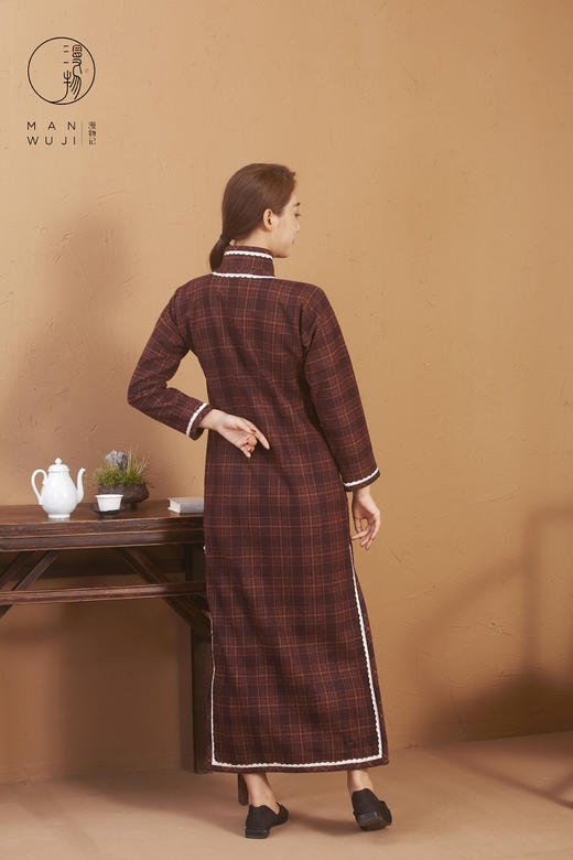 羊毛连肩长袖格子旗袍 商品图7