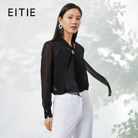EITIE爱特爱秋季新款显瘦时尚微透系带宽松黑色衬衫上衣C2213002