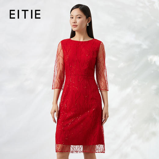 EITIE爱特爱秋季新款日常小礼服通勤气质网纱拼接红色连衣裙C2207004 商品图0