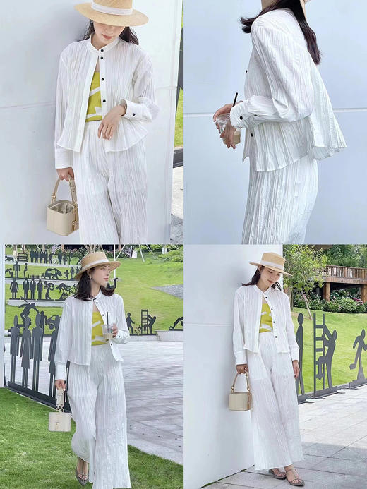 HIDEMI 自然白简约设计感竖压纹褶皱感衬衫套装 衬衫/阔腿裤 商品图1