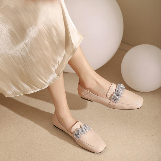 西村名物2021秋季新款质感钻条乐福鞋仙女鞋牛皮平跟女单鞋T21CM33991 商品图0