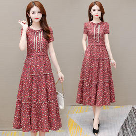 YWE  QPD41气质棉麻印花连衣裙修身短袖大码气质底裙