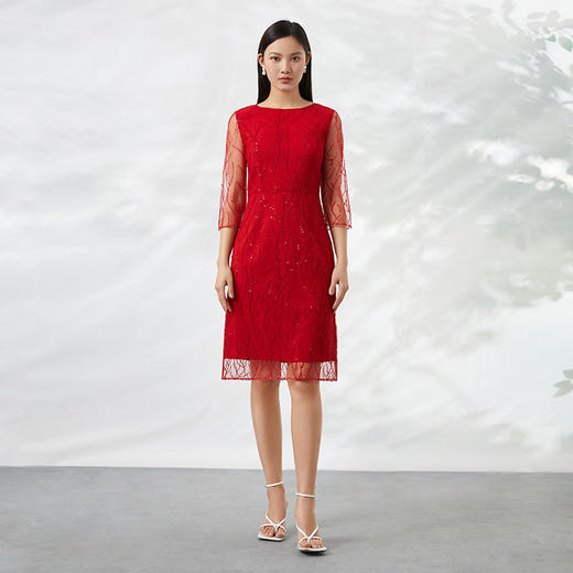 EITIE爱特爱秋季新款日常小礼服通勤气质网纱拼接红色连衣裙C2207004 商品图2