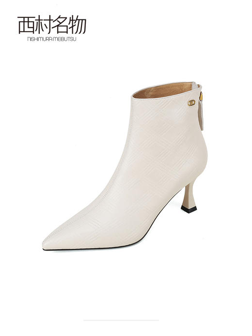 西村名物2021冬季新款白色高跟瘦瘦靴短靴女尖头细跟侧拉链T21DS45021 商品图0