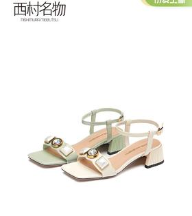 西村名物2022夏款新款牛漆皮方头大闪钻脚环绑带凉鞋仙女风X21BG23681