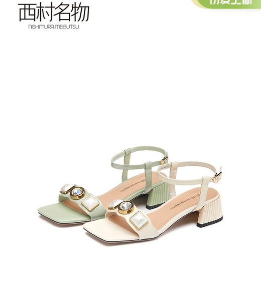 西村名物2022夏款新款牛漆皮方头大闪钻脚环绑带凉鞋仙女风X21BG23681 商品图0