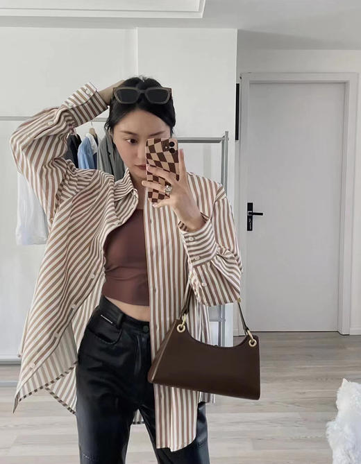 HIDEMI 极简设计感暖橘色条纹休闲经典款廓形高支棉衬衫 商品图1