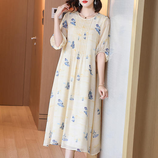宽松舒适，中长款桑蚕丝印花绑带度假裙子真丝连衣裙（配腰带）KDS-2260 商品图1