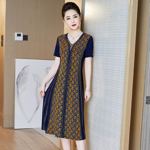 优雅百搭，复合网布印花烫钻连衣裙YZL-10162 商品图2