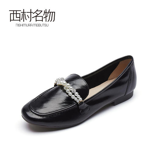 西村名物2021秋季新款方头真皮乐福鞋女反绒珍珠链平底单鞋T21CM34001 商品图0