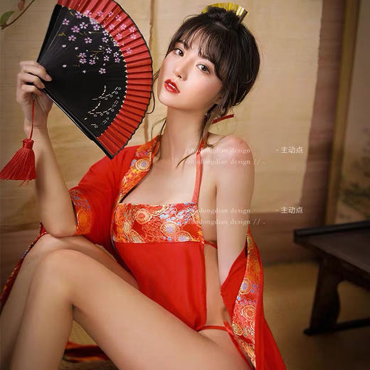 【买就送性感内裤❗️国潮汉服超美套装】调情诱惑，激情纯欲❗️肚兜+T内裤+外套内衣，透视吊带情趣内衣家居服女制服复古红色新娘装诱惑免脱睡衣 商品图2
