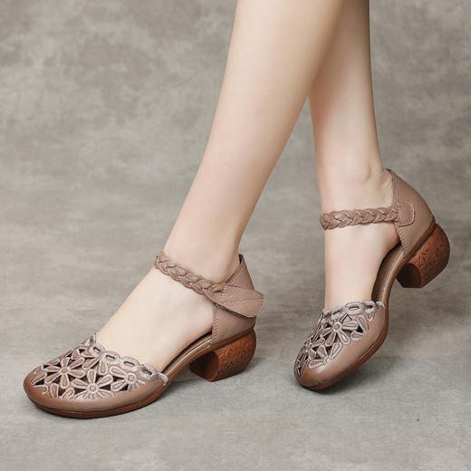 舒适简约，真皮包头夏季粗高跟中老年洞洞鞋外穿中空凉鞋MLD-109-8 商品图3