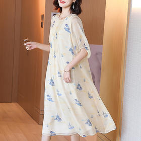 宽松舒适，中长款桑蚕丝印花绑带度假裙子真丝连衣裙（配腰带）KDS-2260