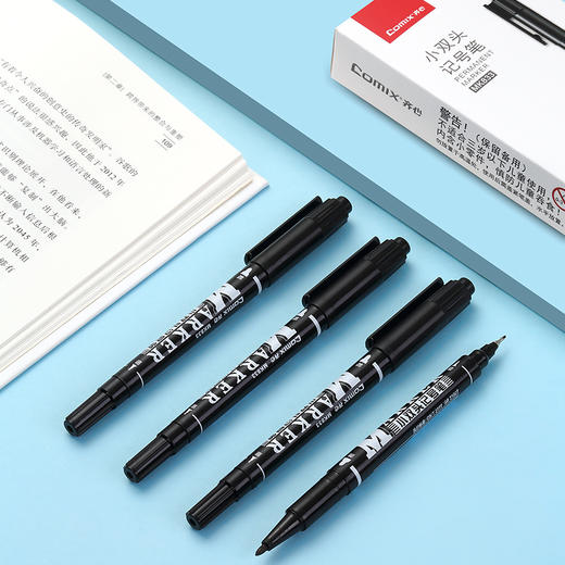 齐心 MK833 小双头勾线记号笔 线幅0.5-1.5mm 黑色12支/盒 油性笔马克笔打包标记可写胶面 商品图4