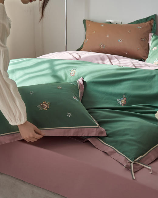 【下架】自然醒60支贡缎素色绣花套件长绒棉四件套被套床单抗菌床上用品LB 商品图6