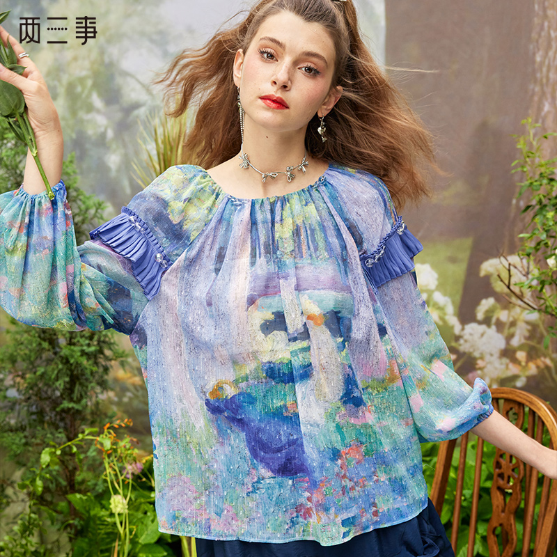 衬衫 两三事瞬息宇宙夏季 复古抽象油画印花灯笼袖雪纺衫女宽松