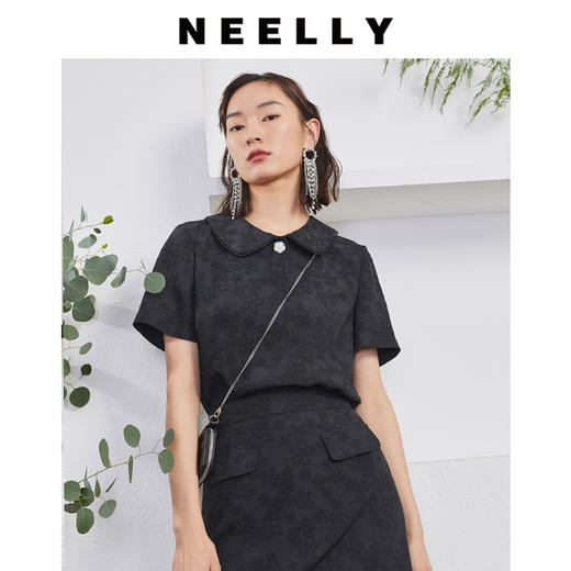 NEELLY纳俪商场同款娃娃领提花短袖上衣A字口袋半身裙时尚套装N22044Z04555 商品图2