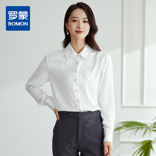 【简约干练】罗蒙女士衬衫优雅百搭精致肩部褶皱舒适绸缎休闲长袖衬衣 商品图0
