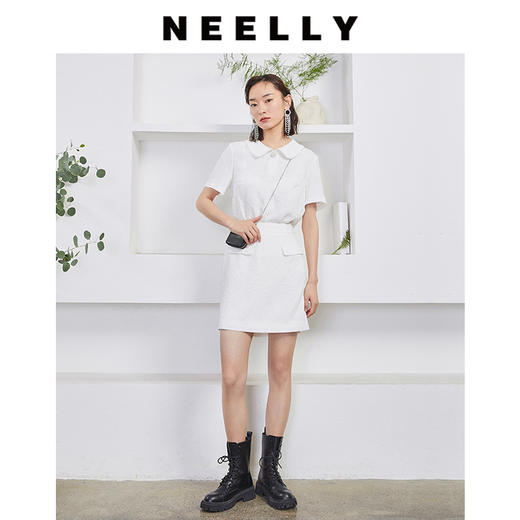 NEELLY纳俪商场同款娃娃领提花短袖上衣A字口袋半身裙时尚套装N22044Z04555 商品图0