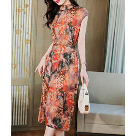 优雅修身，收腰显瘦真丝包袖植物花卉桑蚕丝半高领连衣裙MZC-X9933