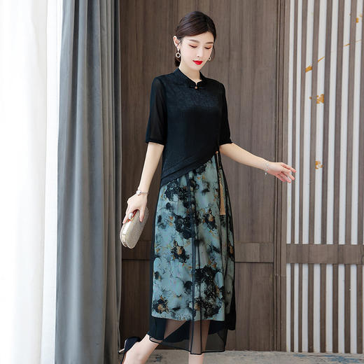 设计感立领五分袖斜襟A字长裙气质改良旗袍裙AHM-spg8568 商品图0