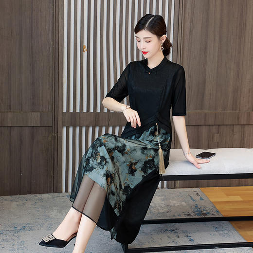 设计感立领五分袖斜襟A字长裙气质改良旗袍裙AHM-spg8568 商品图2