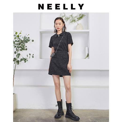 NEELLY纳俪商场同款娃娃领提花短袖上衣A字口袋半身裙时尚套装N22044Z04555 商品图3