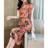 优雅修身，收腰显瘦真丝包袖植物花卉桑蚕丝半高领连衣裙MZC-X9933 商品缩略图1